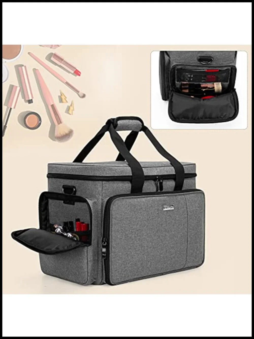 Large Travel Makeup Bag with Removable Dividers, Nylon Cosmetic Case